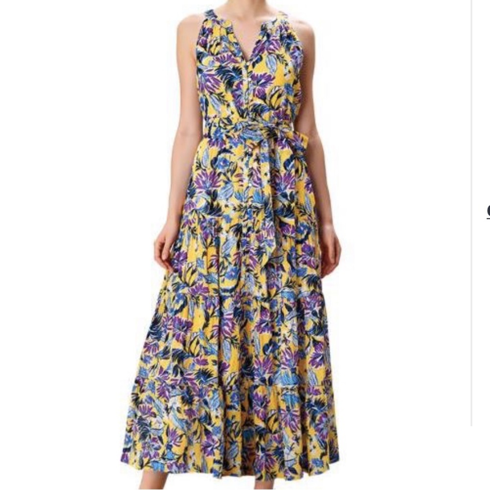 tropical floral print cotton voile ruched tier dress